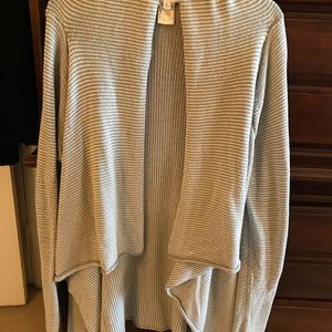 Women’s gray/white stripes cardigan sweater.